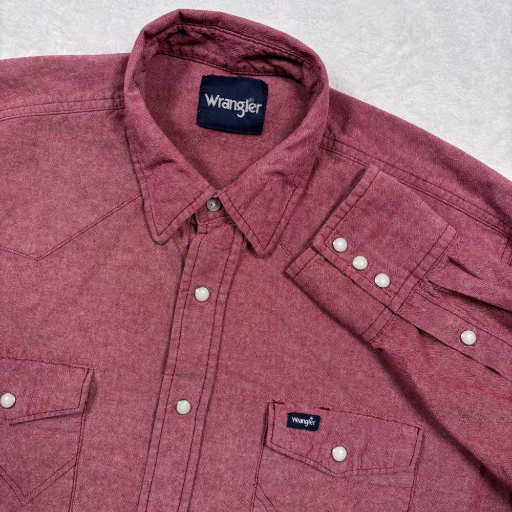 VTG 90s Wrangler Western Shirt Men L Maroon Chambray Pearl Snap Cowboy Rodeo Box